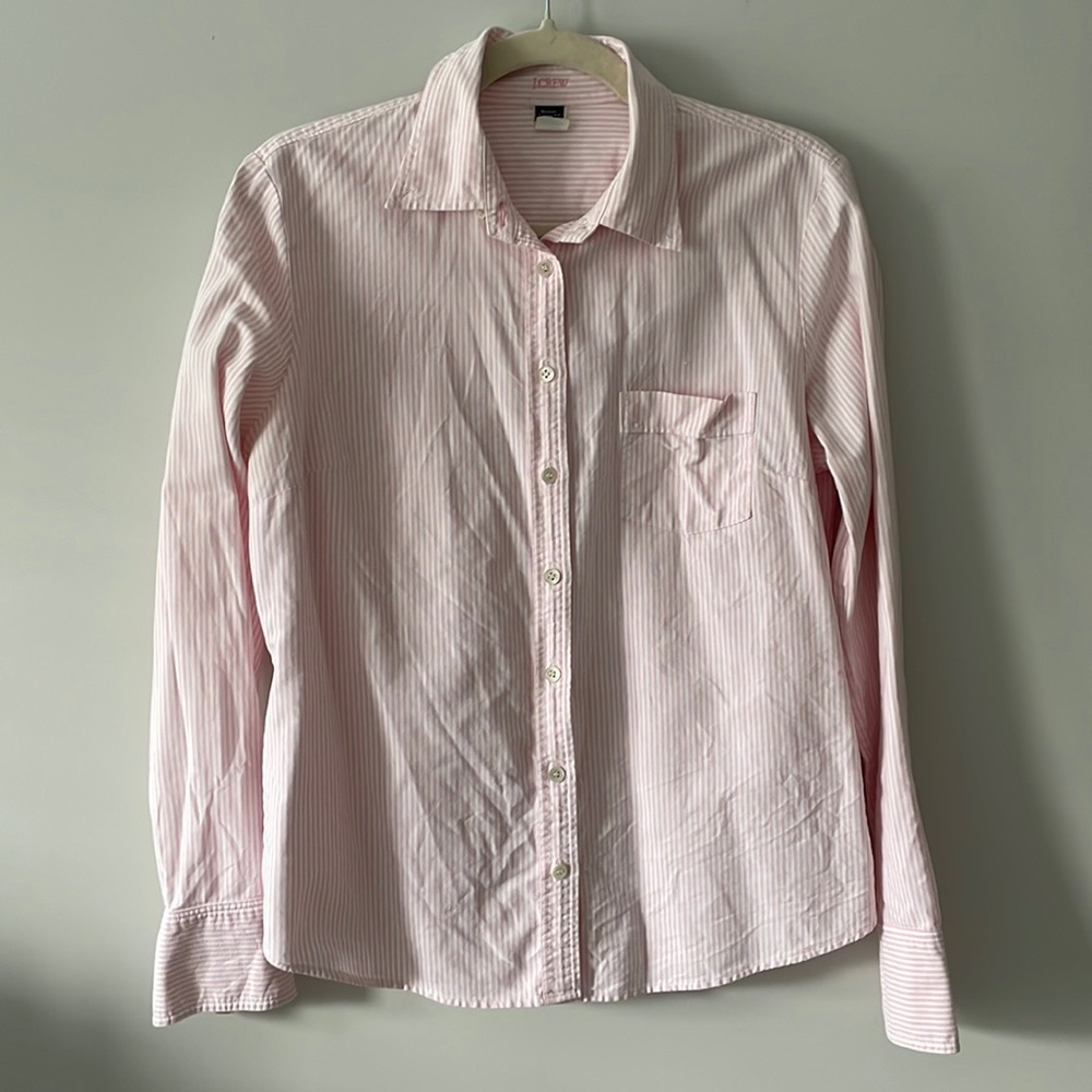 J Crew Medium Classic Fit Oxford Shirt, Pink Striped Women’s Button Down, Size M
